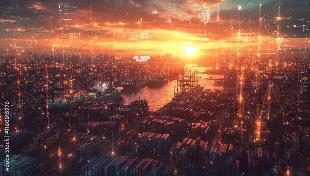 Sunset over a busy port city with digital data streams. Sunset over a busy port city with digital data streams.