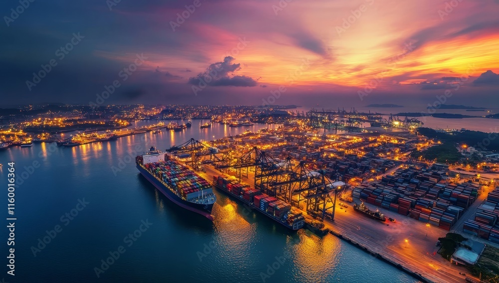 Fototapeta premium Aerial view of a bustling container port at sunset.