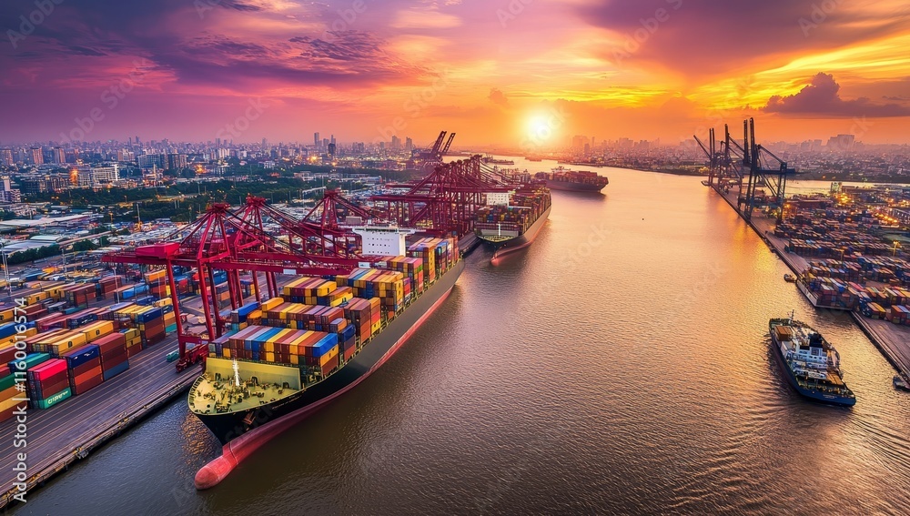 Naklejka premium Container ships at sunset in a busy port.