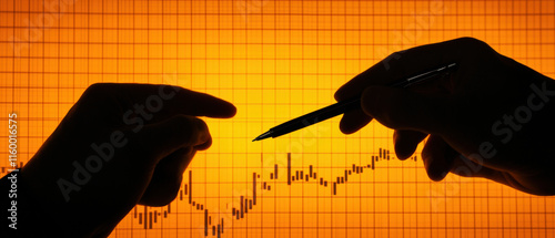 Business corporation competition. Silhouetted hands pointing at a rising graph against an orange background.