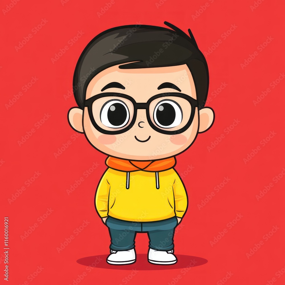 Adorable Cartoon Boy with Glasses in Yellow Hoodie Adorable Cartoon Boy with Glasses in Yellow Hoodie