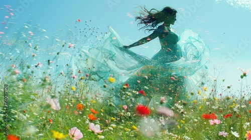 Pregnant woman in flowing dress joyfully dances in a vibrant wildflower meadow under a bright blue sky. photo