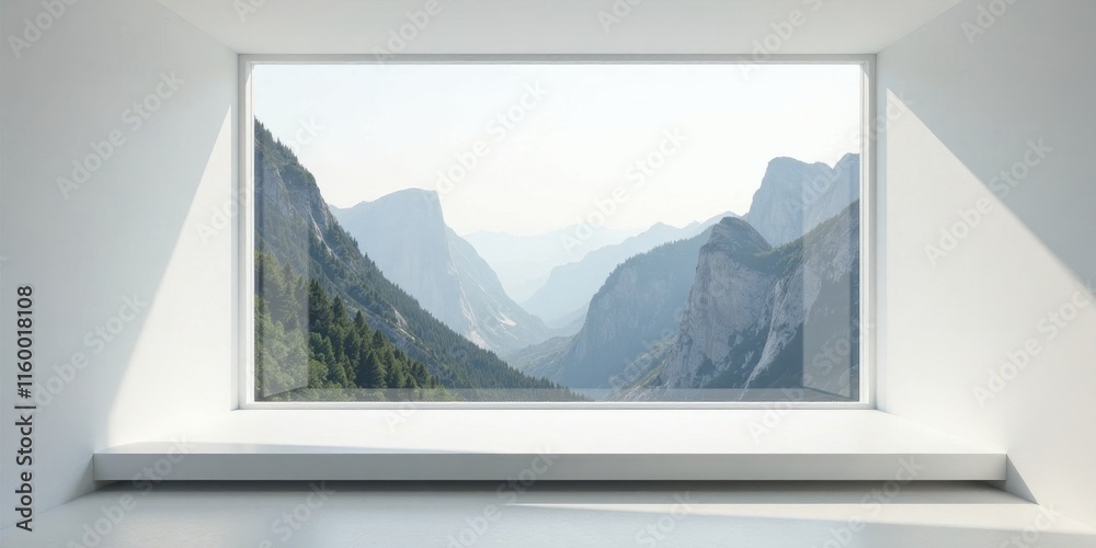Fototapeta premium Serene Mountain Vista Through a Minimalist Window Seat