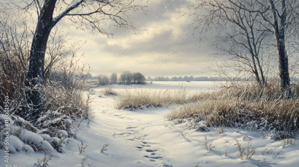 Winter Landscape with Footprints in the Snow Winter Landscape with Footprints in the Snow