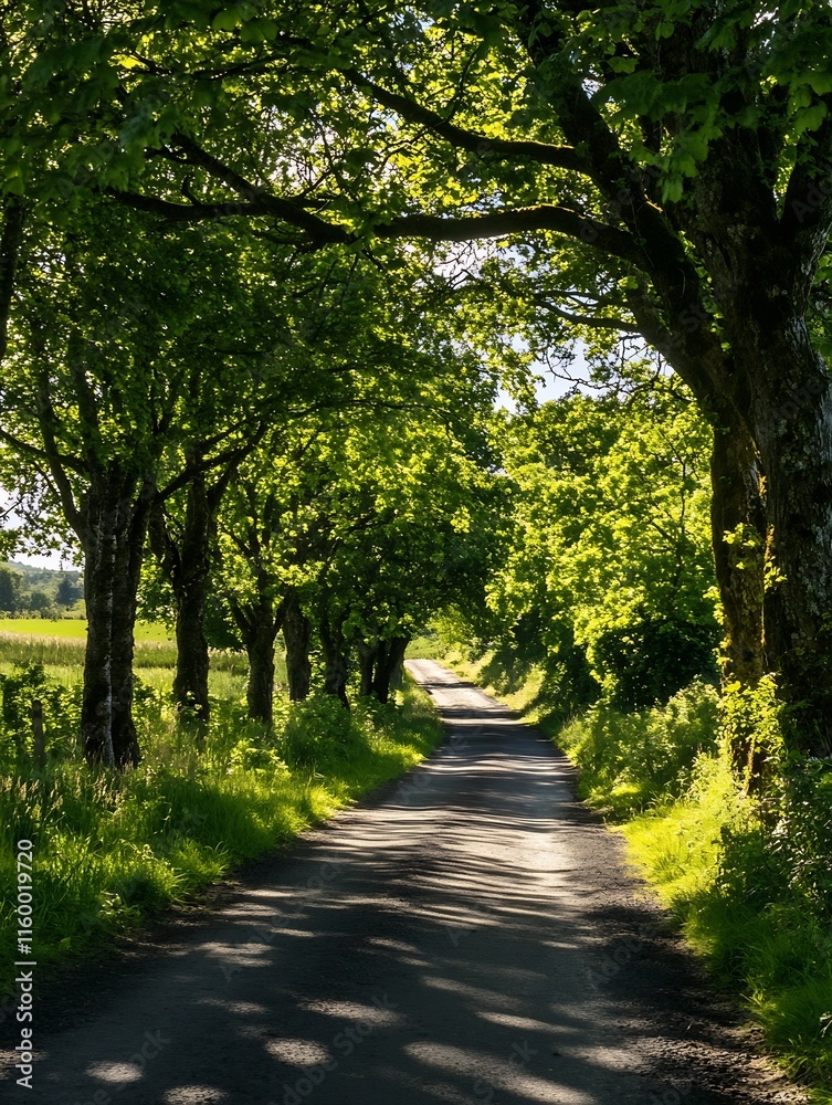 Sunlit Pathway Through Lush Green Forest with Overarching Tree Canopy : Generative AI Sunlit Pathway Through Lush Green Forest with Overarching Tree Canopy : Generative AI