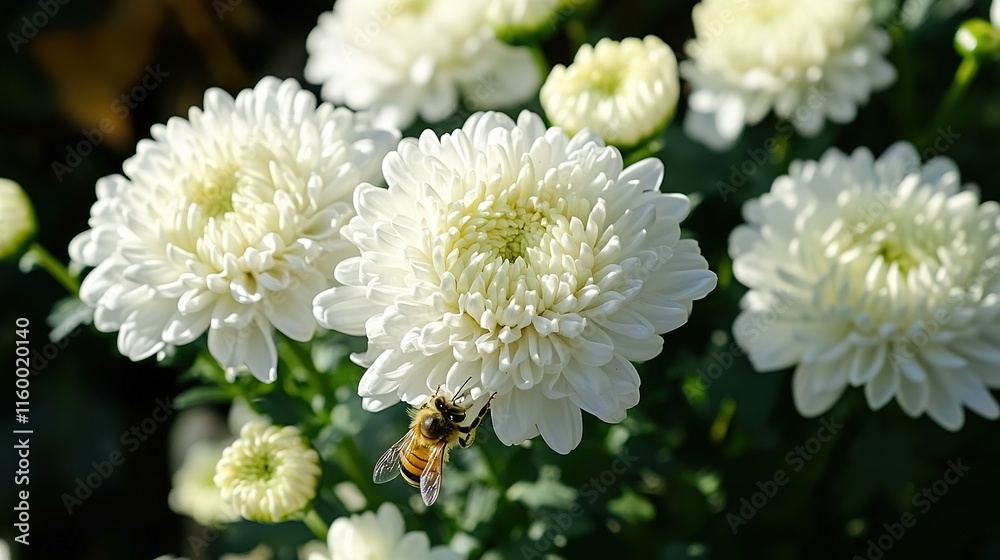 Autumn Garden Delights: A Bee Engaged in Nectar Collection from White Chrysanthemum Flowers Autumn Garden Delights: A Bee Engaged in Nectar Collection from White Chrysanthemum Flowers