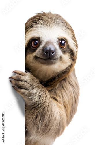 Sloth peeking around corner isolated on transparent background