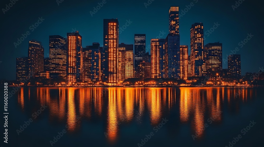 Naklejka premium Illuminated City Skyline Reflected in Water at Night