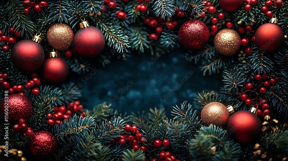 Festive Christmas Wreath with Red and Gold Ornaments Festive Christmas Wreath with Red and Gold Ornaments