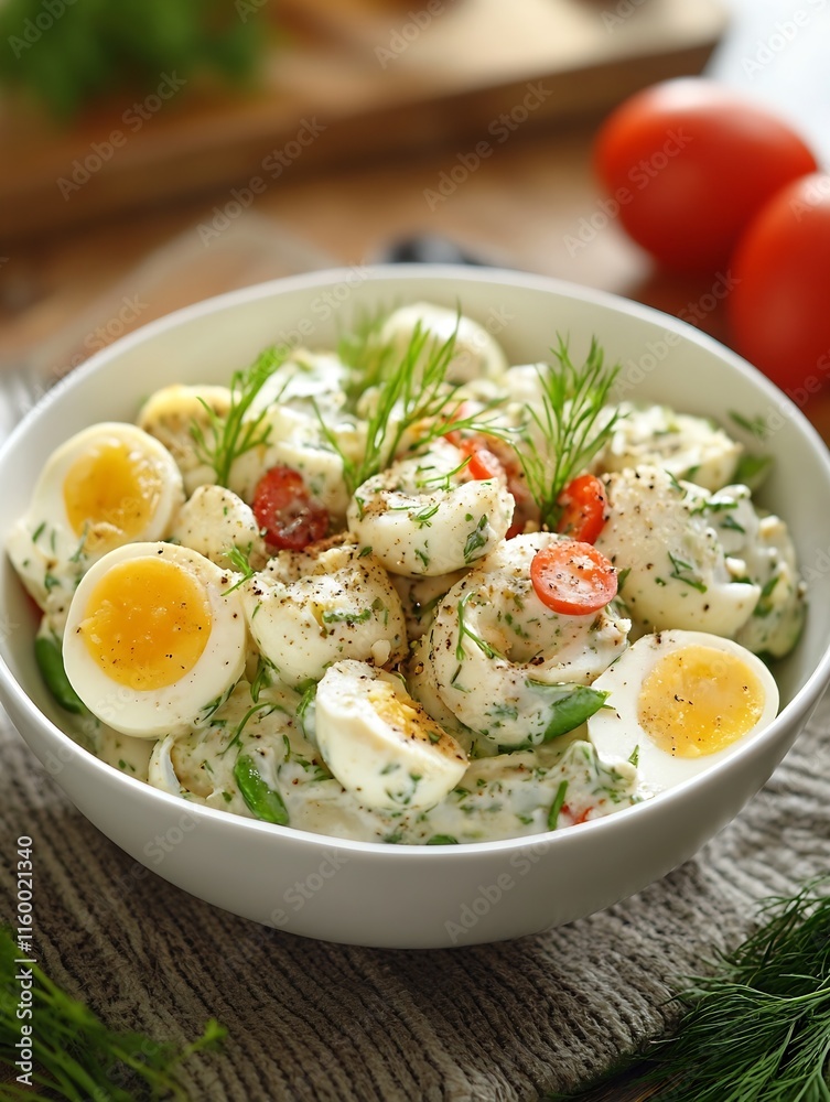Fresh Potato and Egg Salad in White Bowl with Cherry Tomatoes Dill and Light Dressing : Generative AI Fresh Potato and Egg Salad in White Bowl with Cherry Tomatoes Dill and Light Dressing : Generative AI