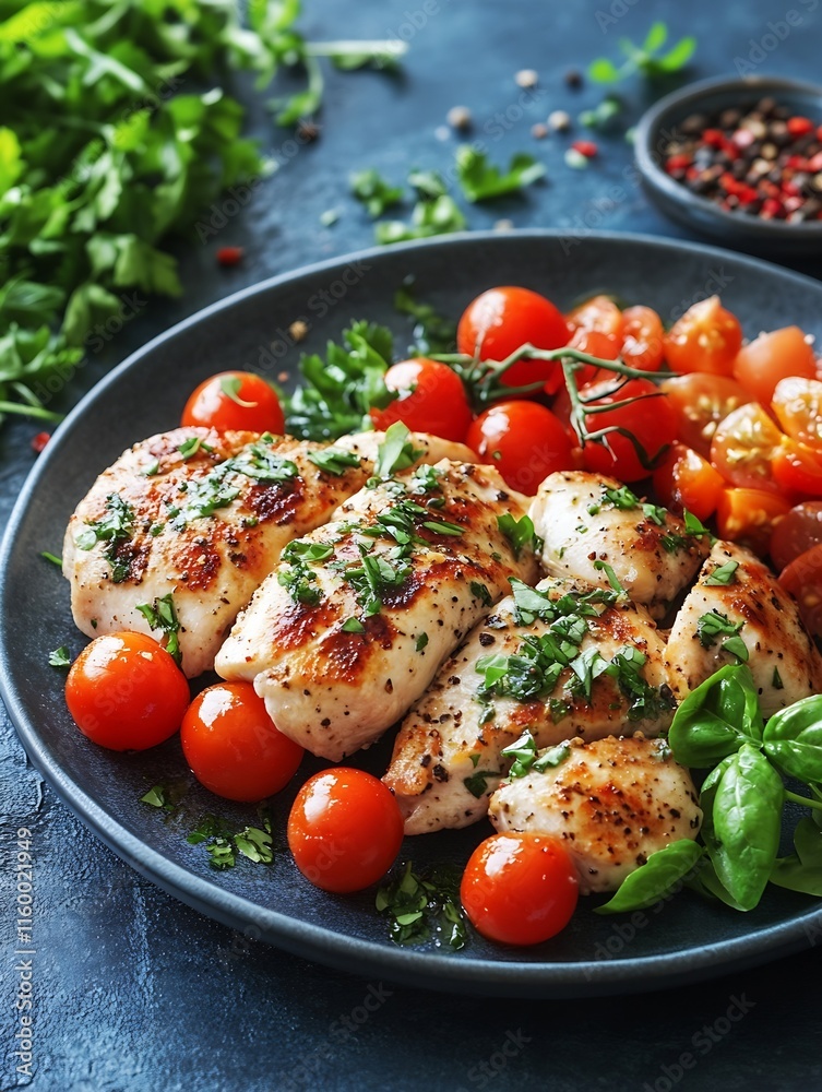 Grilled Chicken Breast with Cherry Tomatoes and Fresh Herbs on Dark Plate : Generative AI Grilled Chicken Breast with Cherry Tomatoes and Fresh Herbs on Dark Plate : Generative AI