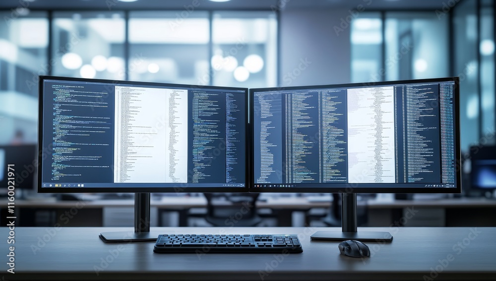 Fototapeta premium Two monitors displaying code in a modern office.