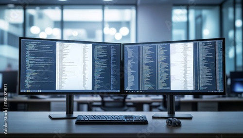 Two monitors displaying code in a modern office.