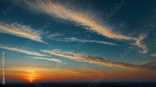 Sunset landscape with vibrant colors and wispy clouds streaking across a twilight sky. A breathtaking view of nature's beauty. photo