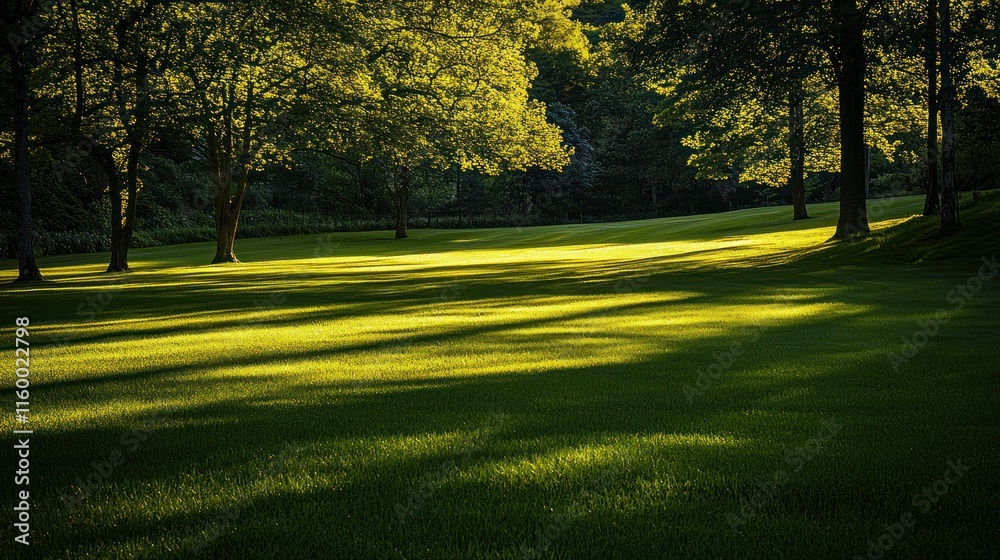 Fototapeta premium Sunlit park lawn with dappled shade from trees.