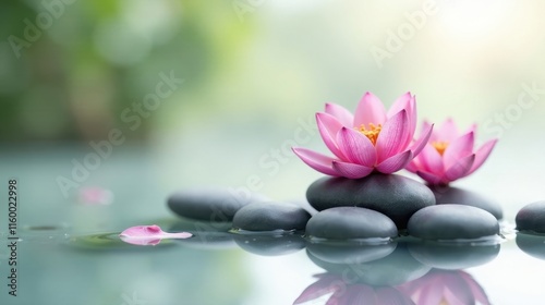 Serene Water Lily Blossoms Resting on Smooth, Dark Stones in a Tranquil Setting