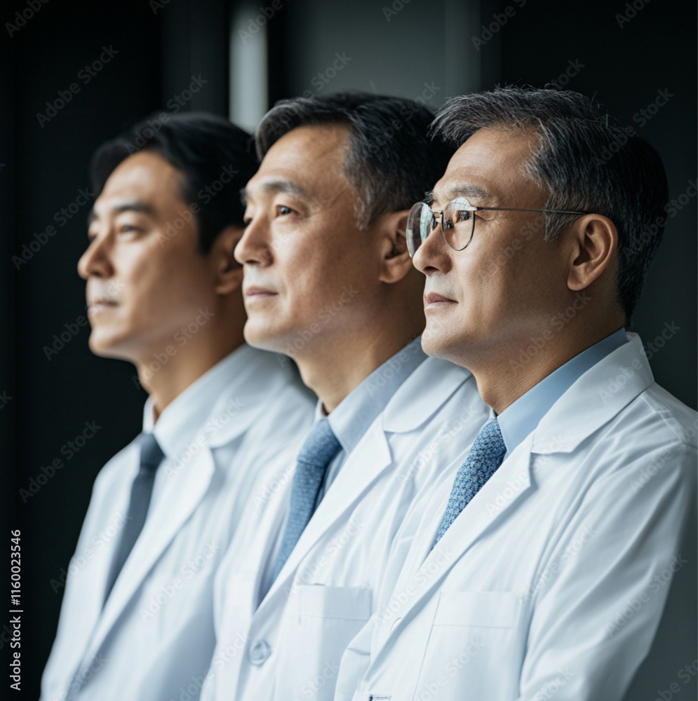 A profile photo of three male Korean doctors in their 30s wearing medical gowns, no background, different faces, side photo A profile photo of three male Korean doctors in their 30s wearing medical gowns, no background, different faces, side photo