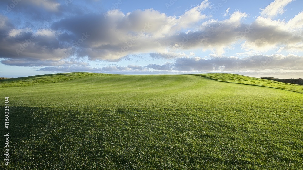 Fototapeta premium Undulating green golf course fairway under a partly cloudy sky.
