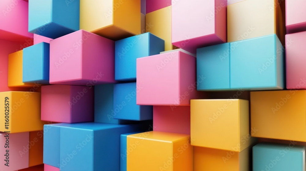 Obraz premium Abstract Colorful Cubes 3D Render: A vibrant composition of colorful cubes creating a dynamic and playful visual experience. Ideal for backgrounds, design projects, and artistic expression.
