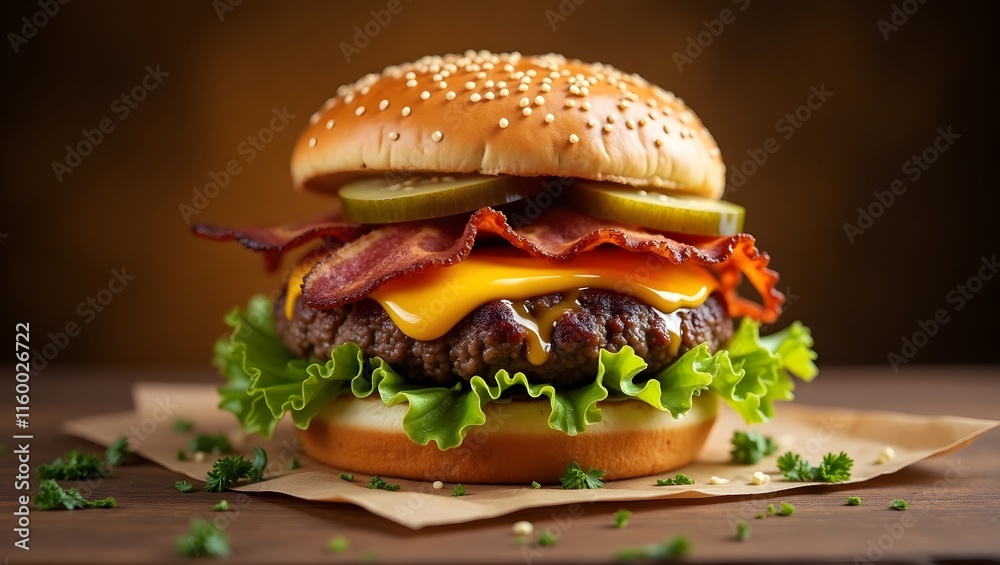 A mouthwatering hamburger featuring layers of bacon, cheese, and crisp lettuce, all nestled in a soft bun. A mouthwatering hamburger featuring layers of bacon, cheese, and crisp lettuce, all nestled in a soft bun.