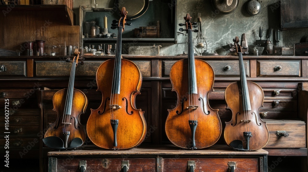 Naklejka premium Four Violins Resting on an Antique Dresser