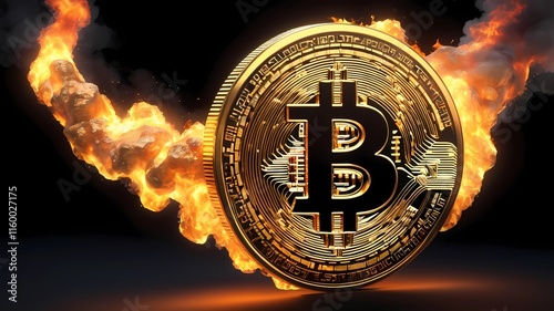 bitcoin crypto-currency with B symbol on fire flying high. Isolated on BLACK background. Crypto asset for the futuristic virtual gold. Bullish Bitcoin hits all-time high new record. Photo composition photo