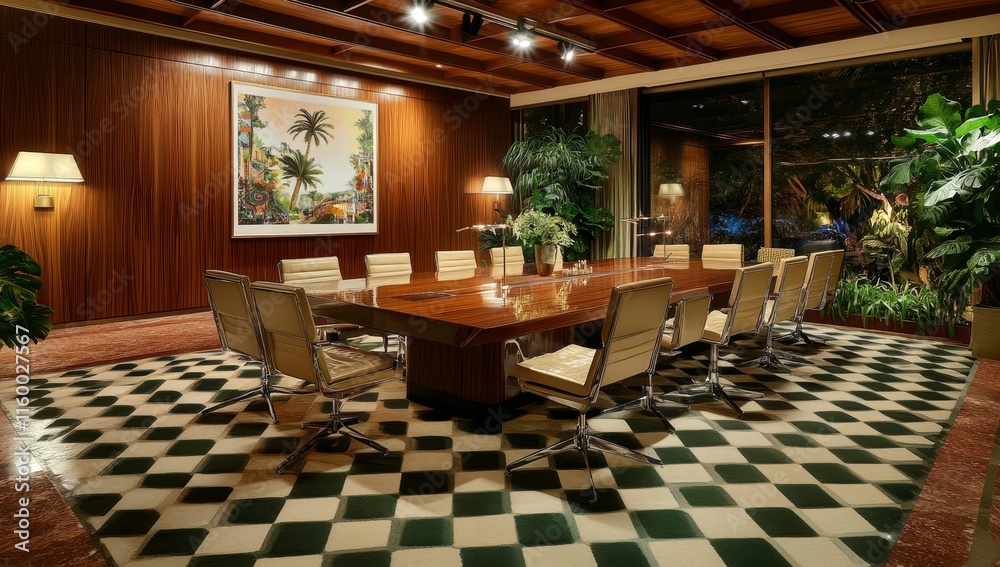 Fototapeta premium Luxurious conference room with large wooden table, modern chairs, and tropical artwork.