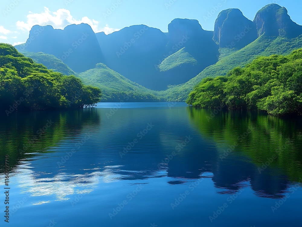 Serene Mountain Lake Landscape With Lush Green Foliage Serene Mountain Lake Landscape With Lush Green Foliage