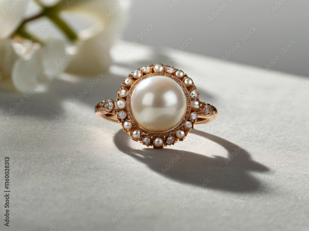 A stunning gold and silver ring featuring a central white pearl A stunning gold and silver ring featuring a central white pearl