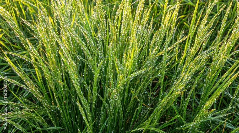 Dew-covered rice plants in a lush green field at sunrise. Dew-covered rice plants in a lush green field at sunrise.