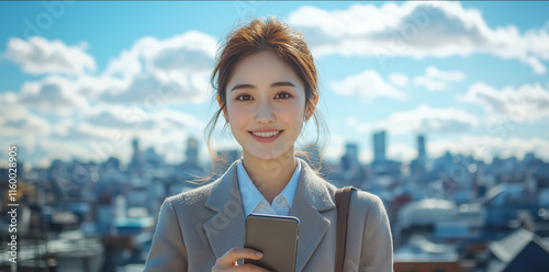 An Asian woman in business attire, smiling and holding a smartphone with a city skyline blue sky background
