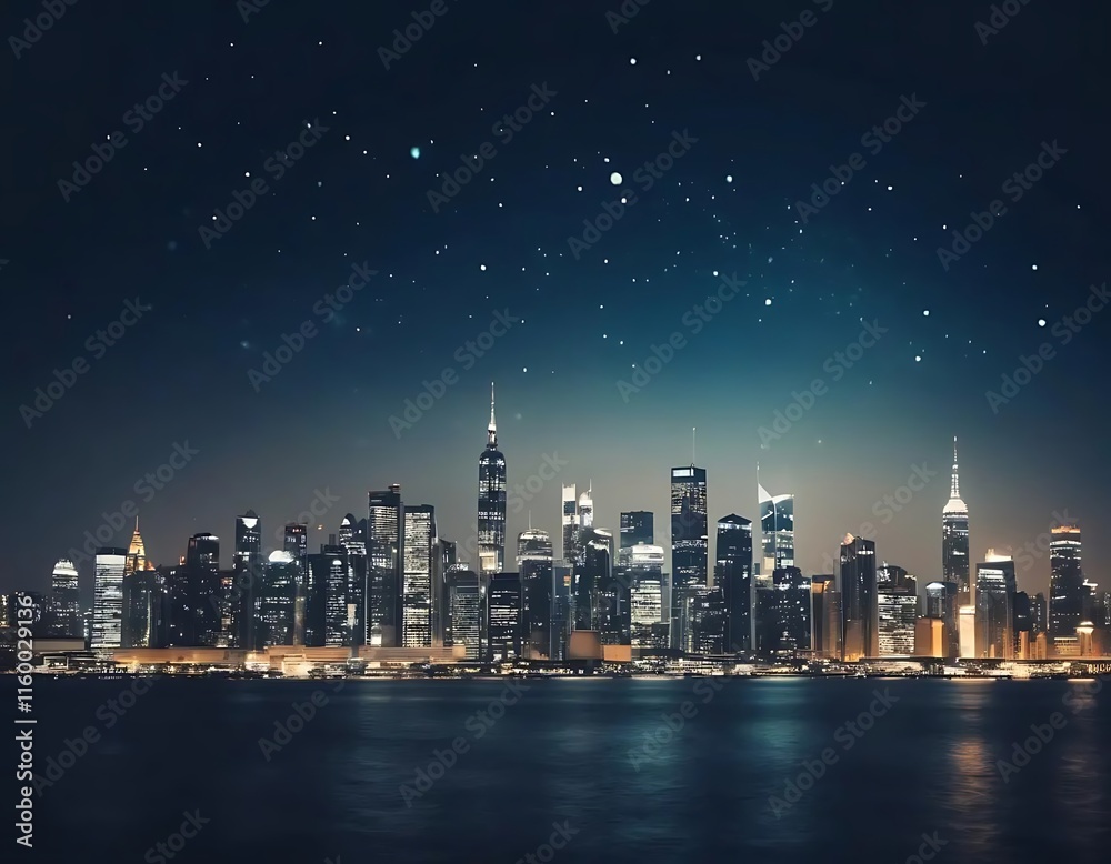 Obraz premium Night City Skyline Illuminated Under Starry Sky