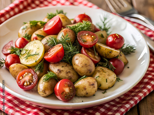Delicious Plate of roasted potatoes with fresh dill and tomato wedges. Tasty Food background