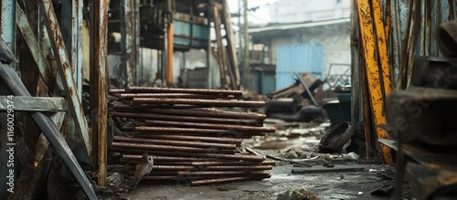 Twisted and rusted iron bars stacked haphazardly, surrounded by crumbling iron sheets in a gritty scrapyard setting 