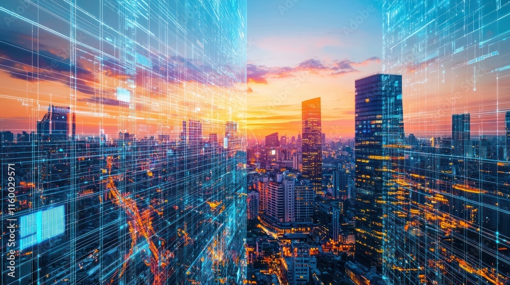 Fototapeta premium Futuristic city skyline at sunset with digital overlay. (1)
