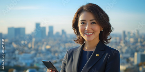 A Japanese woman in business attire, smiling and holding a smartphone with a city skyline blue sky background