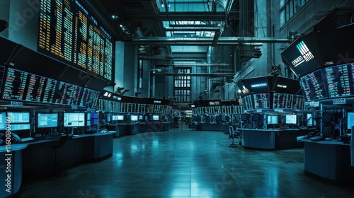 An empty stock exchange floor with flickering screens showing losses  