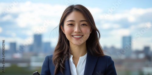 An Asian woman in business attire, smiling and holding a smartphone with a city skyline blue sky background