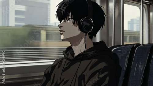 A man with black hair sitting on the subway, wearing headphones, in the style of anime. The overall aesthetic is cinematic and anime-inspired.