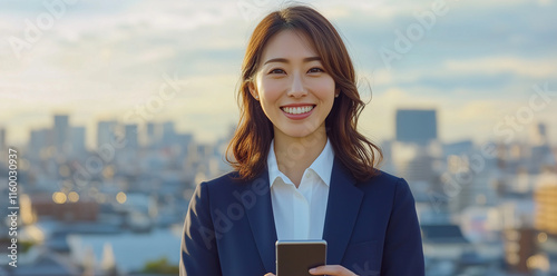 A Japanese woman in business attire, smiling and holding a smartphone with a city skyline blue sky background