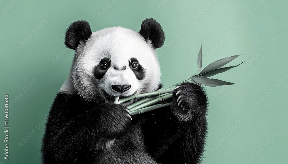 Fototapeta premium Playful Panda Enjoying Bamboo Against a Soft Green Background