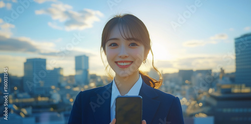 A Japanese woman in business attire, smiling and holding a smartphone with a city skyline blue sky background