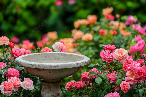 Vibrant rose garden with birdbath outdoor floral scene nature photography lush green environment close-up view
