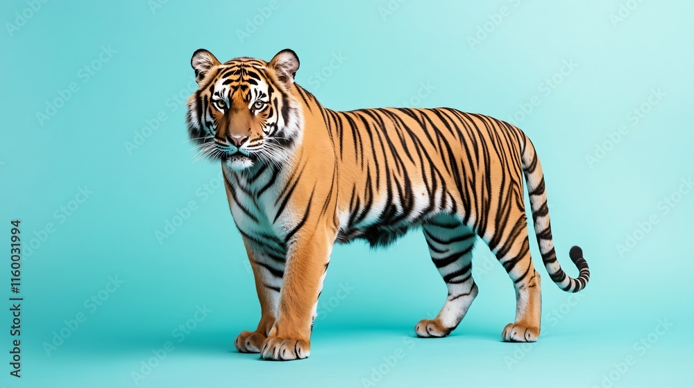 Obraz premium Majestic tiger standing strong against a vibrant turquoise background