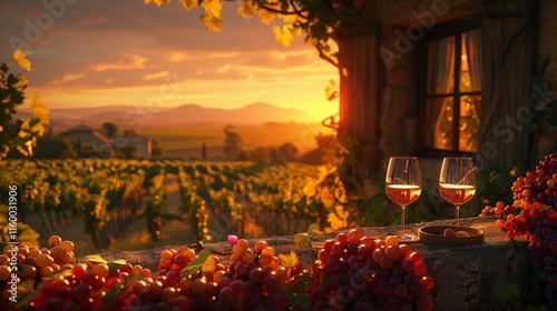 Idyllic countryside vineyard landscape at sunset with grape vines, rustic stone house, and wine glasses showcasing the beauty of naturevineyard