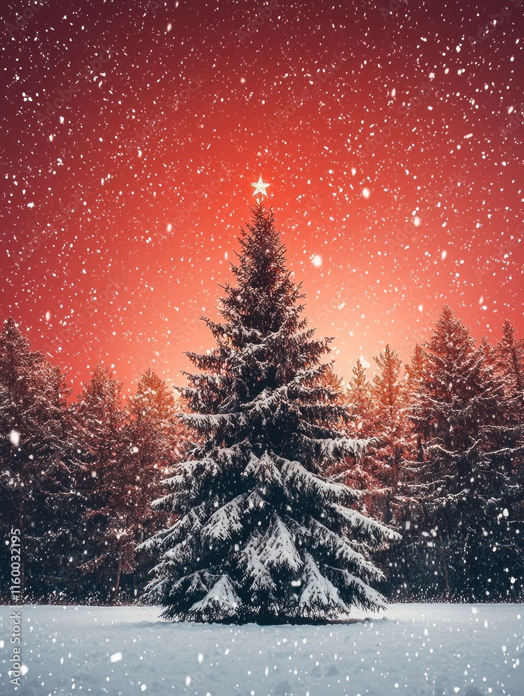 Naklejka premium Enchanting Christmas Tree Surrounded by Snowy Landscape with Sparkling Star on Top, Capturing the Magic of the Holiday Season in a Frame of Frosty Beauty