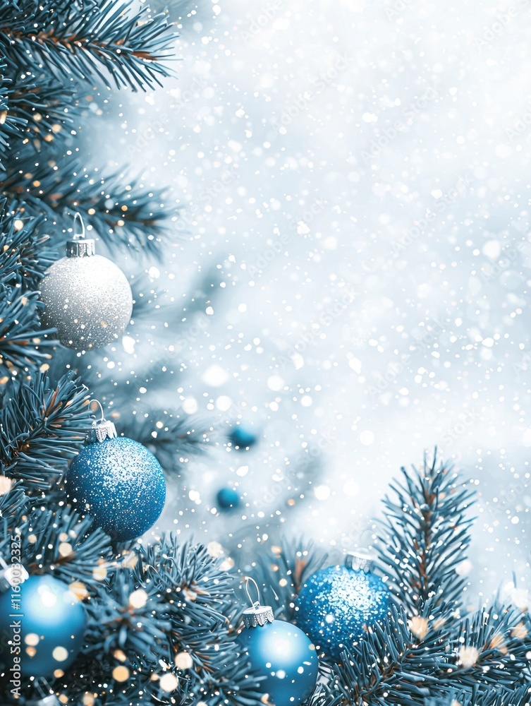 Elegant Blue Christmas Ornaments on Pine Tree Branches with Snowflakes and Soft Winter Light for Festive Holiday Decor and Seasonal Celebrations Elegant Blue Christmas Ornaments on Pine Tree Branches with Snowflakes and Soft Winter Light for Festive Holiday Decor and Seasonal Celebrations
