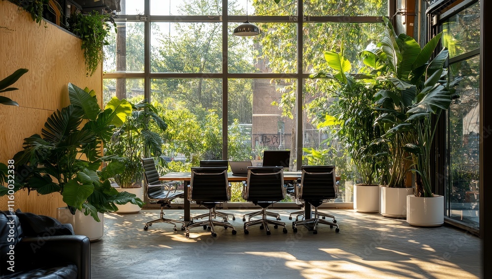 Obraz premium Sunlit modern office with large windows, plants, and a conference table.