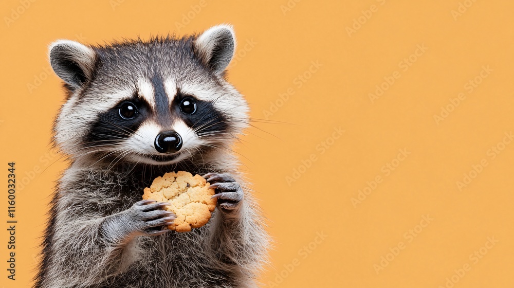Cute raccoon with a cookie against a vibrant orange backdrop Cute raccoon with a cookie against a vibrant orange backdrop