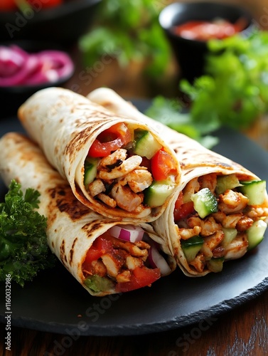 Grilled chicken wraps with fresh vegetables and herbs for a delicious and convenient meal : Generative AI